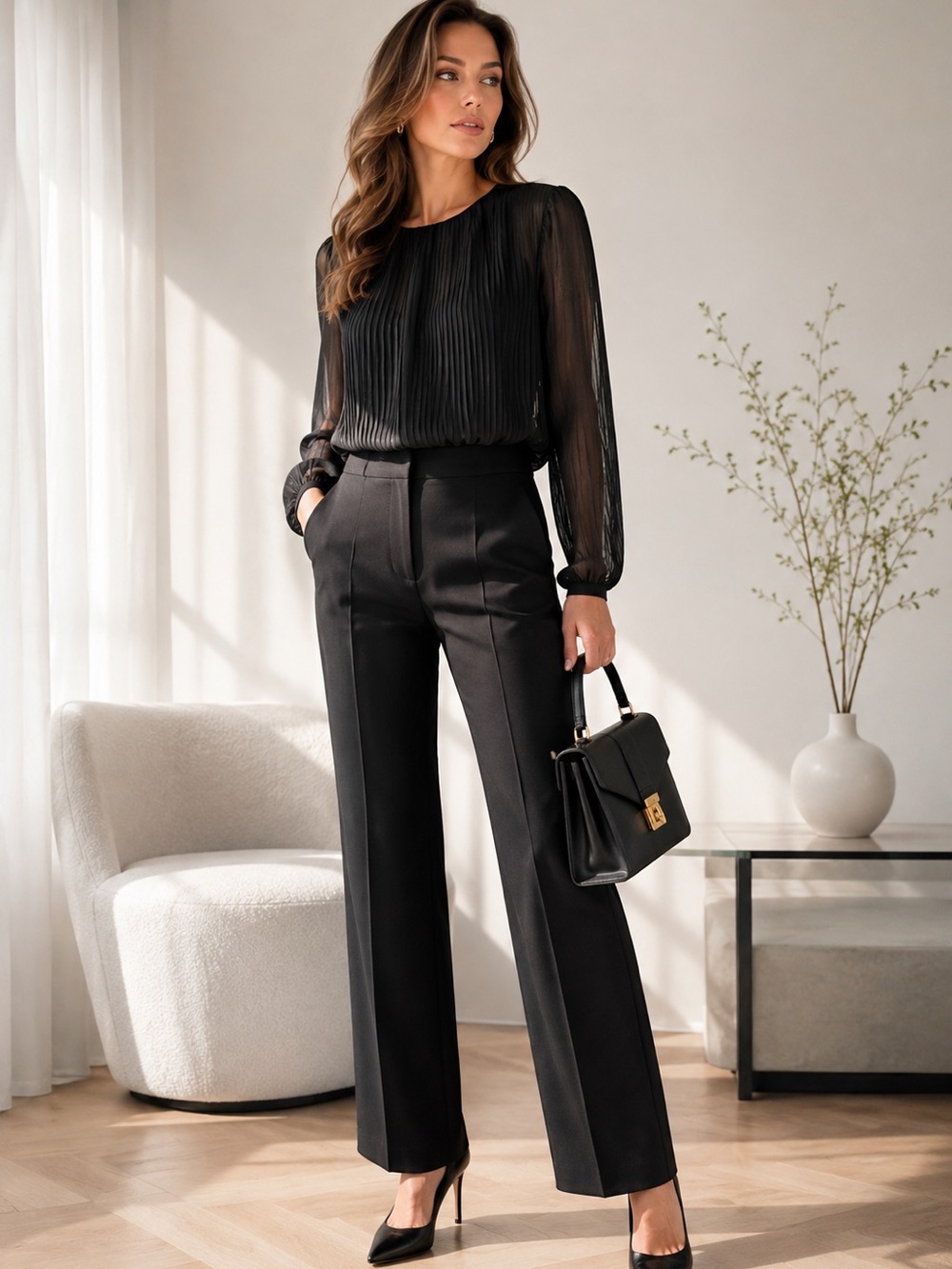 David Hayes Black Pleated Chiffon Lined Blouse Women’s M/L Sheer Long Sleeve